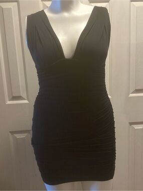 Ruched Plunge V-Neck Black Mini Dress